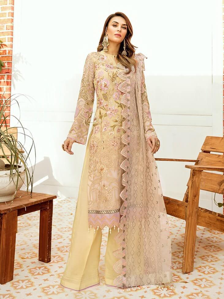 Afrozeh La Fleur Luxury Chiffon Collection 2020 3pc Suit 04-Lustrous Lemon - FaisalFabrics.pk