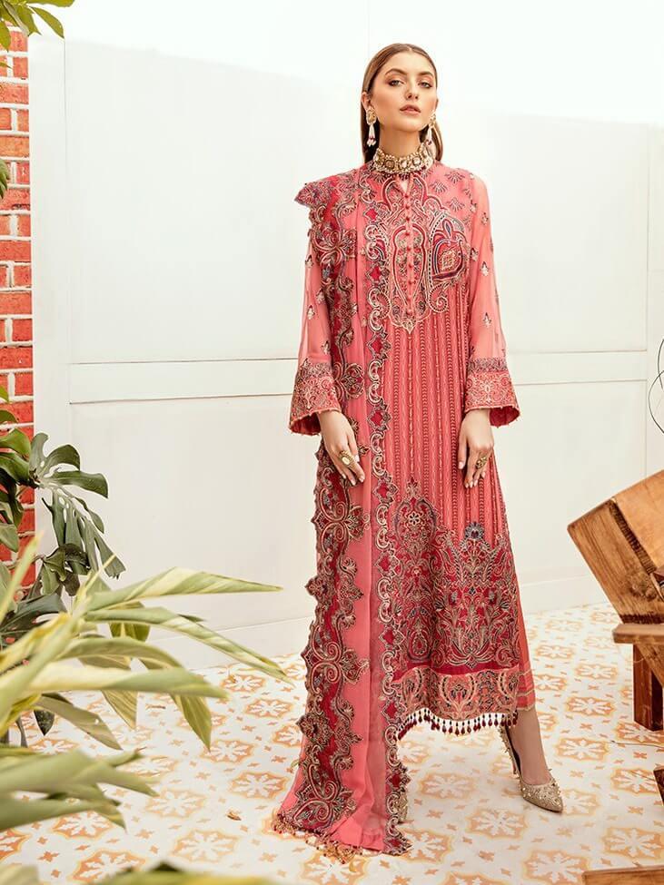 Afrozeh La Fleur Luxury Chiffon Collection 2020 3pc Suit 05-Melon Beet - FaisalFabrics.pk