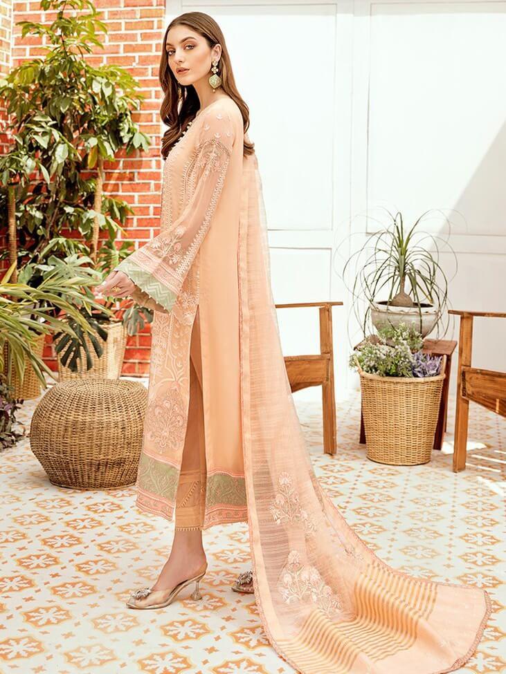 Afrozeh La Fleur Luxury Chiffon Collection 2020 3pc Suit 02-Peach Pleasure - FaisalFabrics.pk