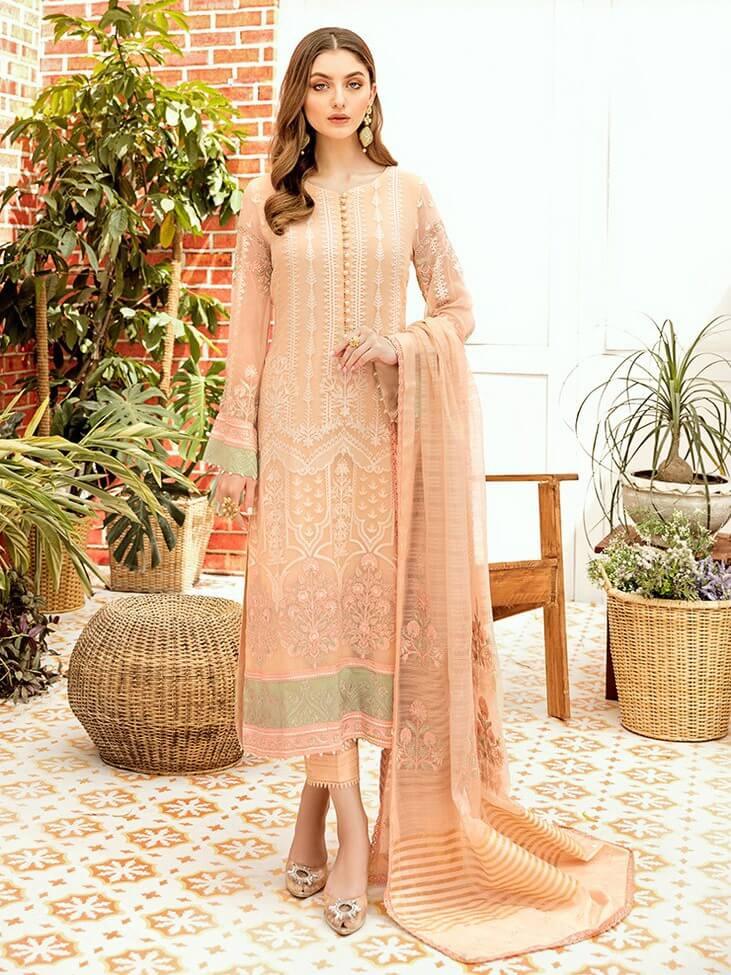 Afrozeh La Fleur Luxury Chiffon Collection 2020 3pc Suit 02-Peach Pleasure - FaisalFabrics.pk