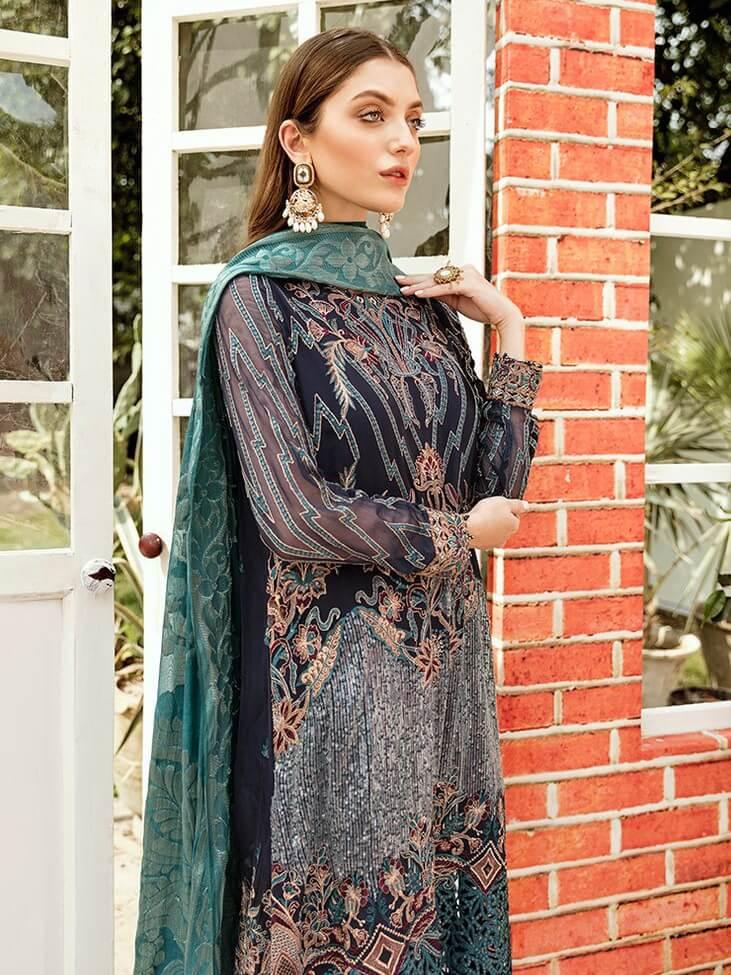 Afrozeh La Fleur Luxury Chiffon Collection 2020 3pc Suit 08-Pristine Peacock - FaisalFabrics.pk