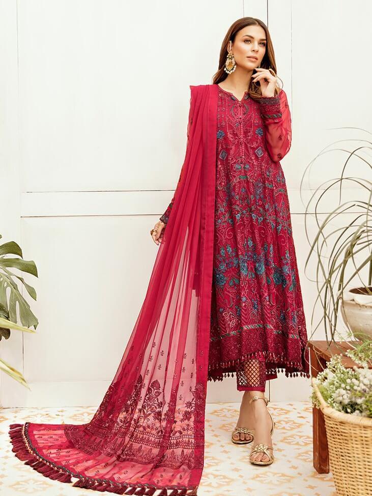 Afrozeh La Fleur Luxury Chiffon Collection 2020 3pc Suit 09-Ruby Flame - FaisalFabrics.pk