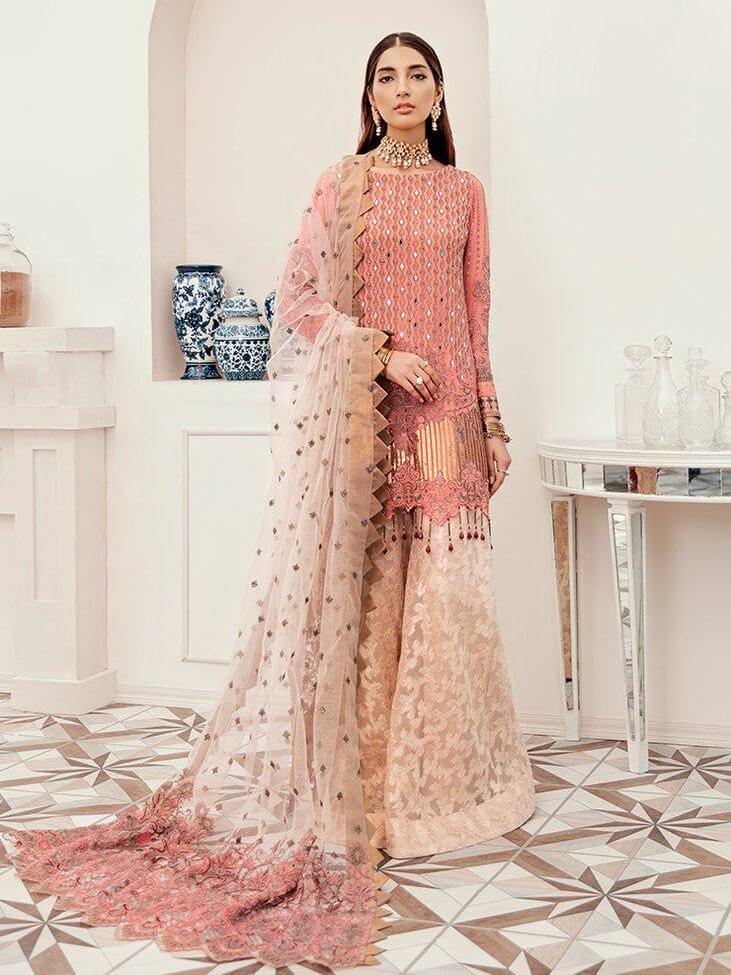 Afrozeh La Fuchsia Luxury Chiffon Unstitched 3pc Suit - Coral Lulu - FaisalFabrics.pk
