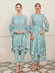 Afrozeh La Fuchsia Luxury Chiffon Unstitched 3pc Suit - Hazy Sky - FaisalFabrics.pk