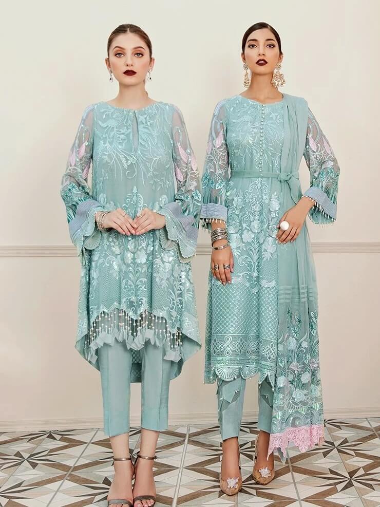 Afrozeh La Fuchsia Luxury Chiffon Unstitched 3pc Suit - Hazy Sky - FaisalFabrics.pk