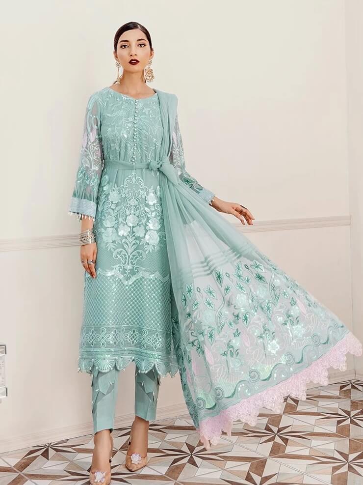 Afrozeh La Fuchsia Luxury Chiffon Unstitched 3pc Suit - Hazy Sky - FaisalFabrics.pk