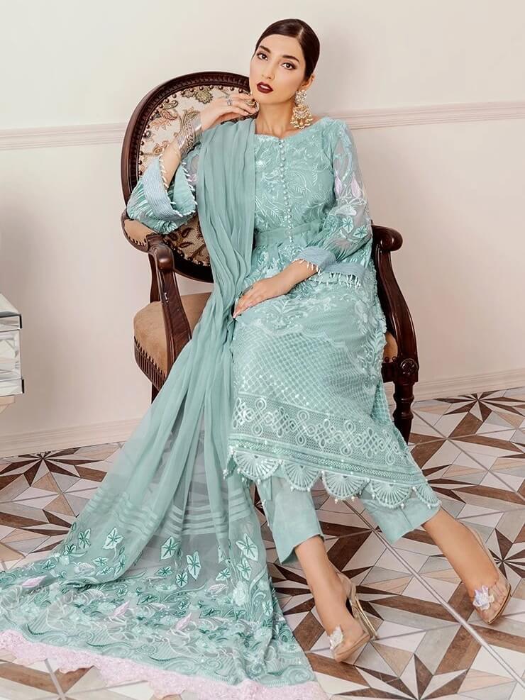 Afrozeh La Fuchsia Luxury Chiffon Unstitched 3pc Suit - Hazy Sky - FaisalFabrics.pk