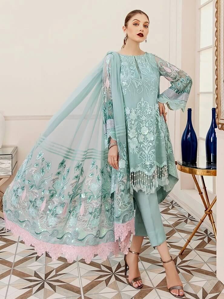 Afrozeh La Fuchsia Luxury Chiffon Unstitched 3pc Suit - Hazy Sky - FaisalFabrics.pk
