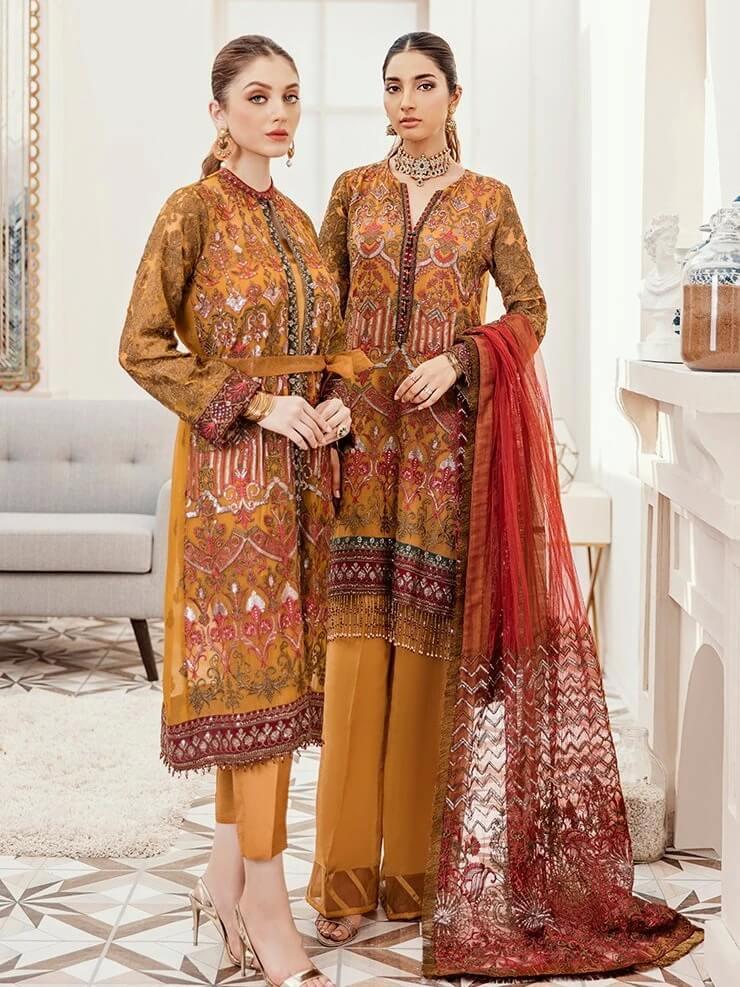 Afrozeh La Fuchsia Luxury Chiffon Unstitched 3pc Suit - Sunlight Spectrum - FaisalFabrics.pk
