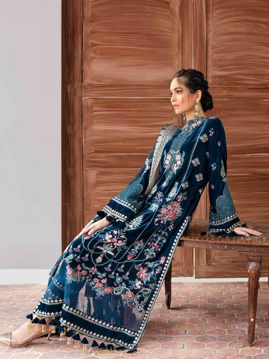 Afrozeh Naghma Luxury Velvet Embroidered 3 Piece Suit 01-Sheesh - FaisalFabrics.pk