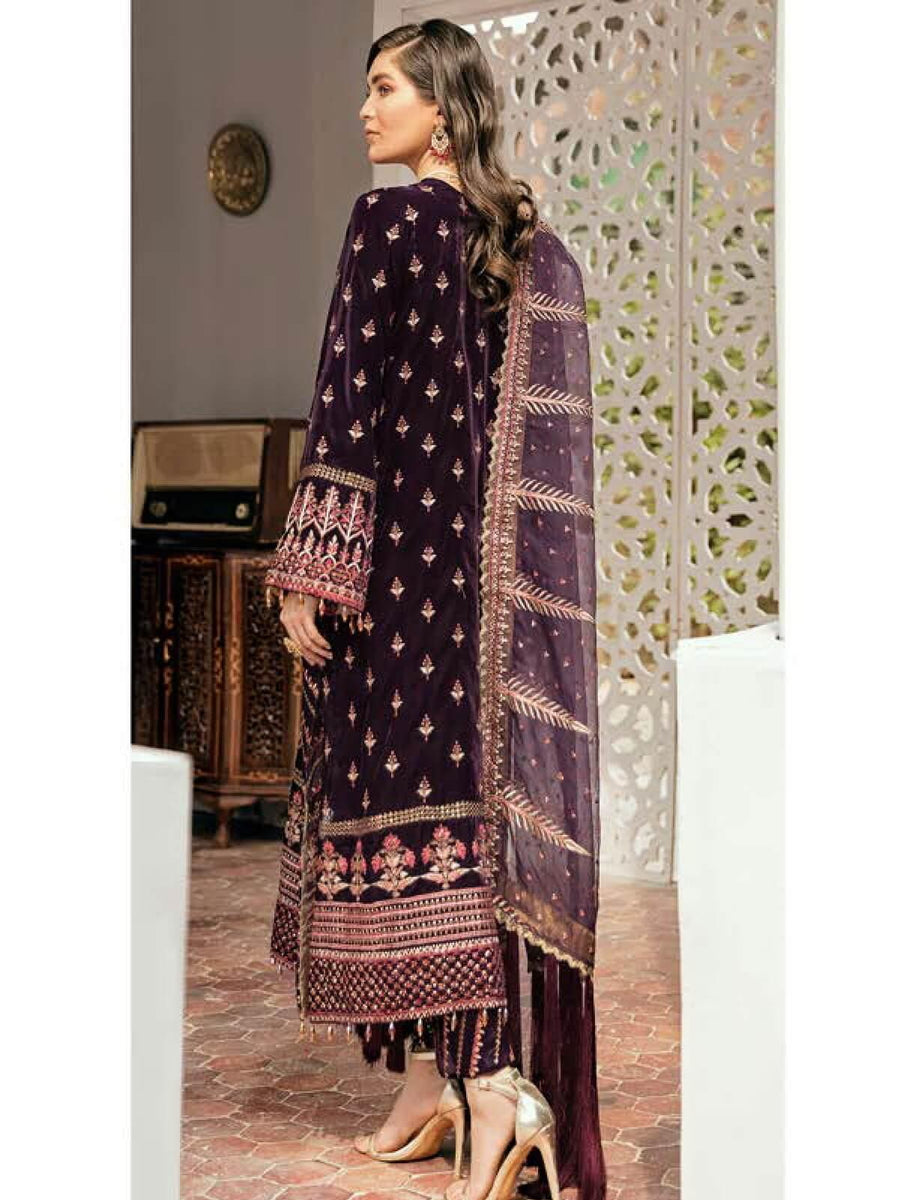 Afrozeh Naghma Luxury Velvet Embroidered 3 Piece Suit 02-Gul e Raana - FaisalFabrics.pk