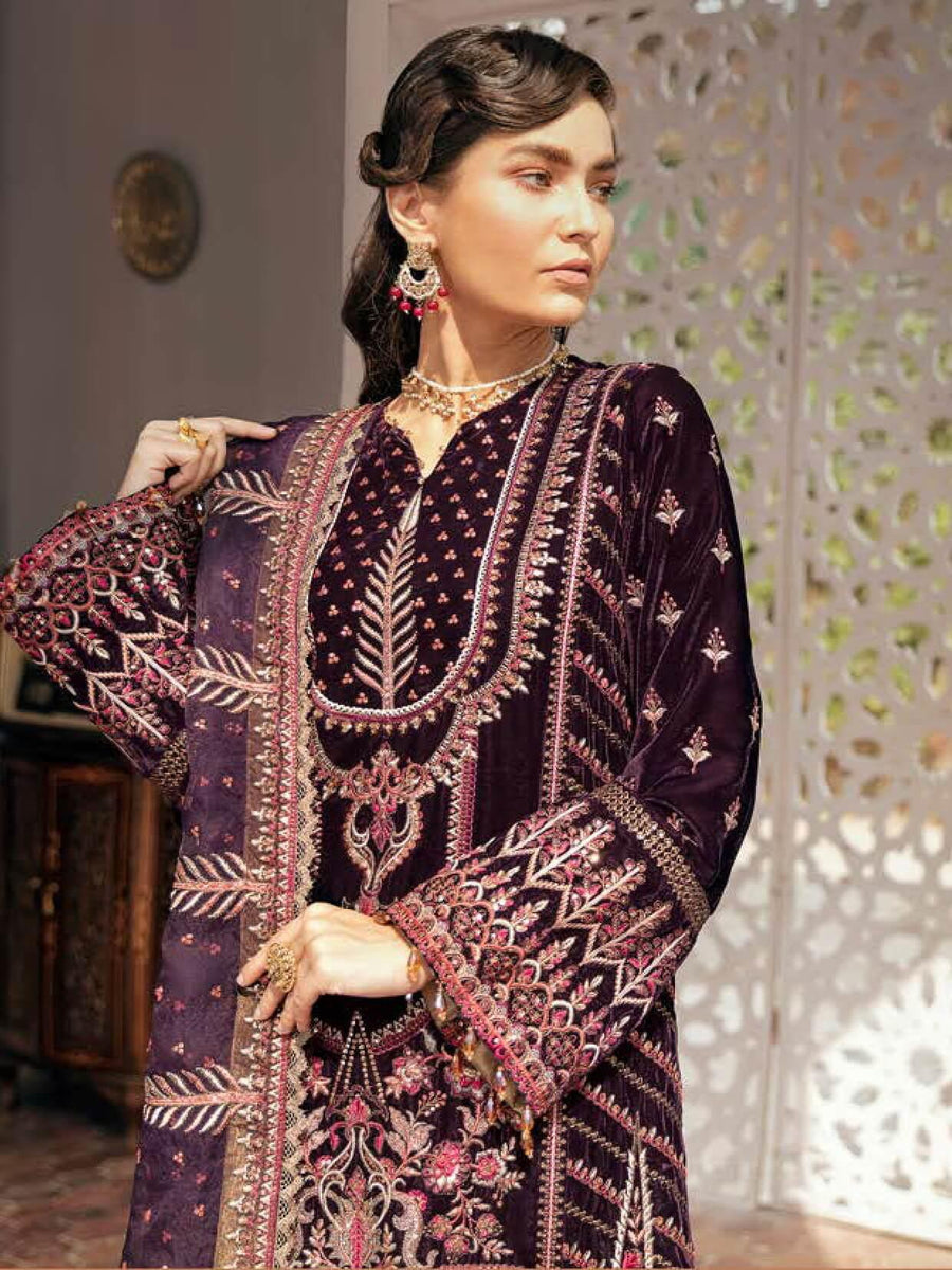 Afrozeh Naghma Luxury Velvet Embroidered 3 Piece Suit 02-Gul e Raana - FaisalFabrics.pk