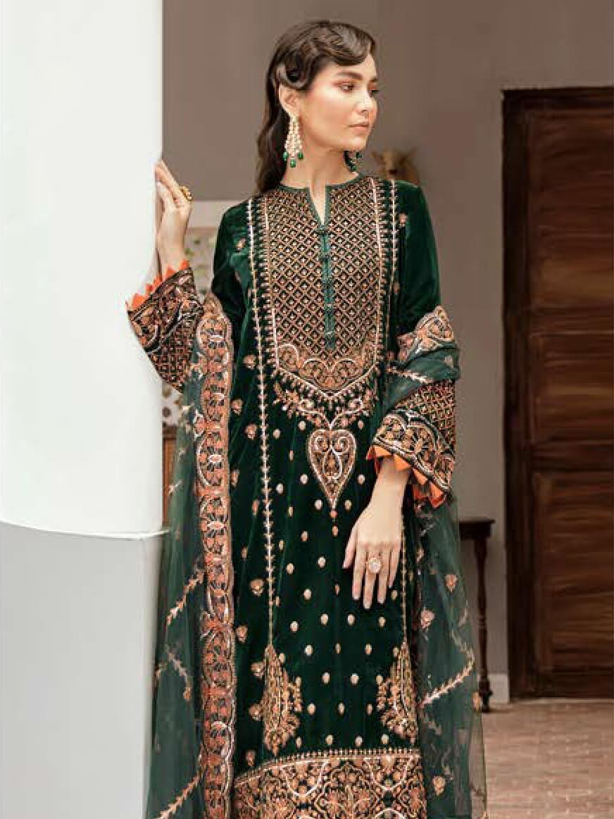 Afrozeh Naghma Luxury Velvet Embroidered 3 Piece Suit 04-Johar - FaisalFabrics.pk