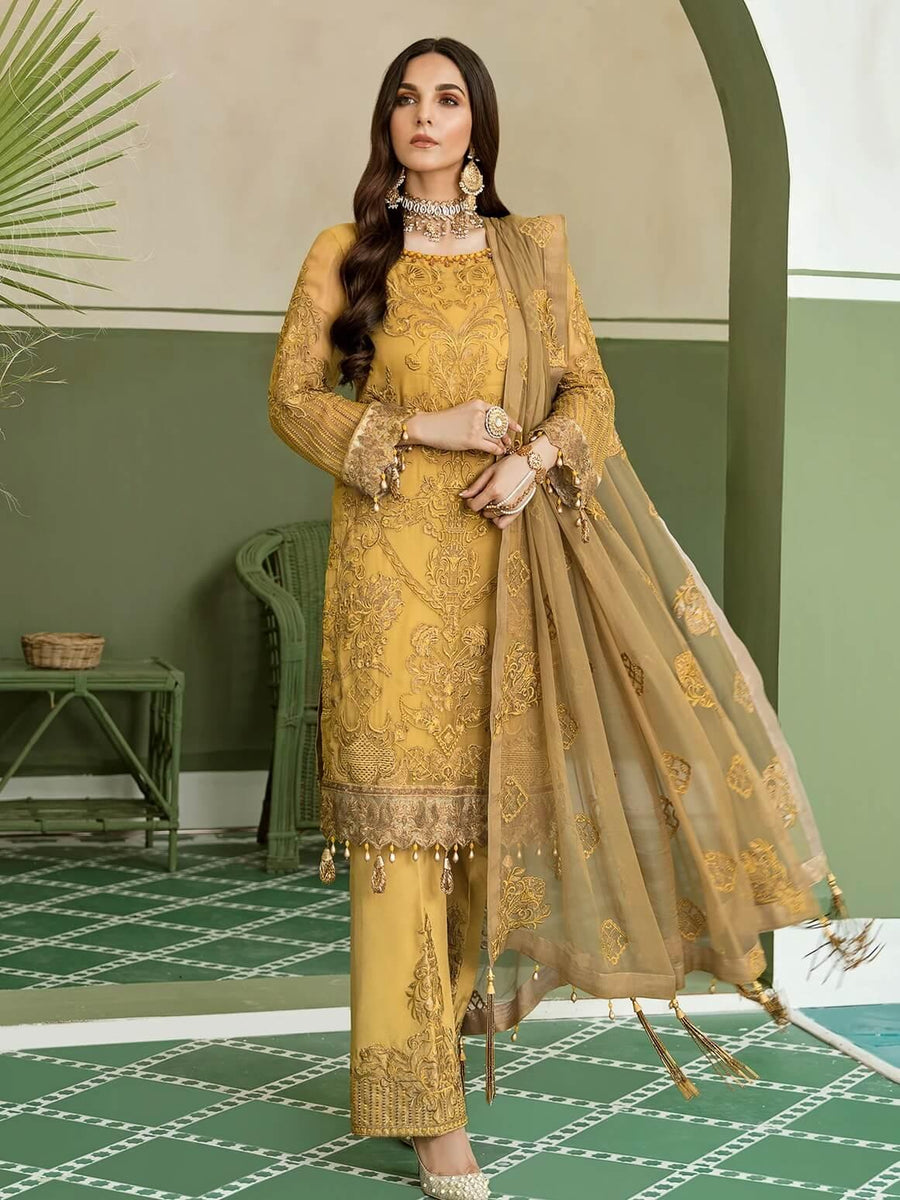 Akbar Aslam Luxury Chiffon Unstitched 3pc Suit AAW-2310 Daffodil - FaisalFabrics.pk