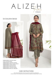 Alizeh Fashion Embroidered Chiffon 3Pc Suit D-03B Golden Beige - FaisalFabrics.pk