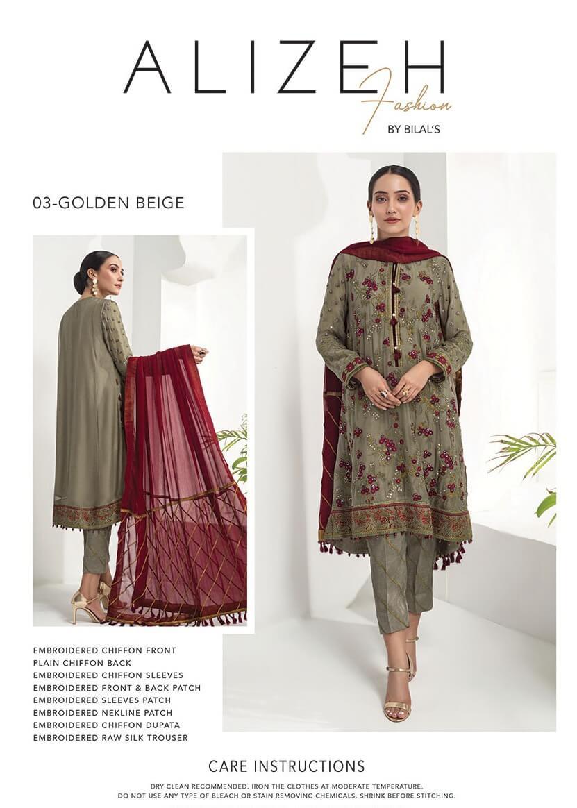 Alizeh Fashion Embroidered Chiffon 3Pc Suit D-03B Golden Beige - FaisalFabrics.pk