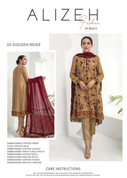 Alizeh Fashion Embroidered Chiffon 3Pc Suit D-03D Golden Beige - FaisalFabrics.pk