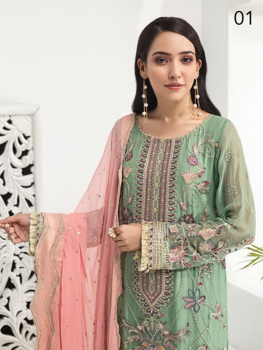 Alizeh Fashion Embroidered Chiffon 3Pc Suit D-01 Daisy Lavender - FaisalFabrics.pk