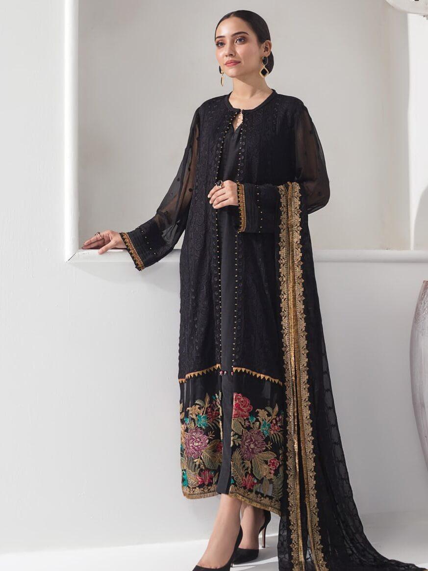 Alizeh Fashion Embroidered Chiffon 3Pc Suit D-02 Midnight Glare - FaisalFabrics.pk