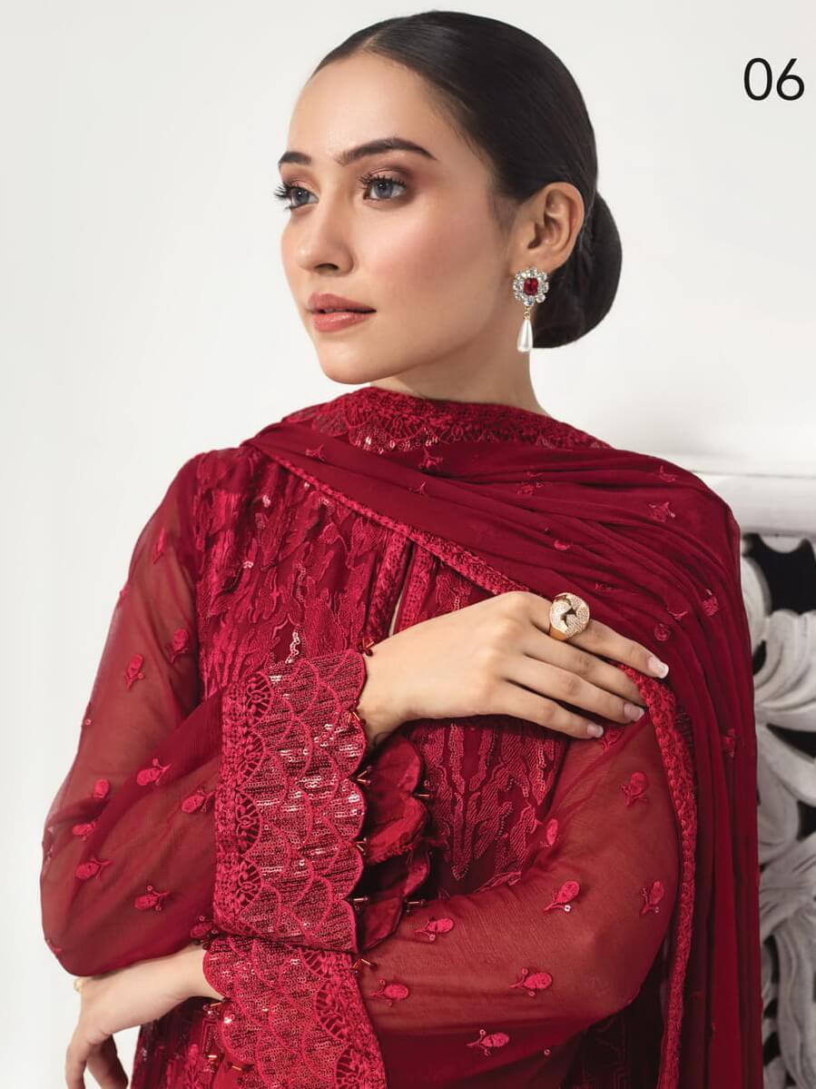 Alizeh Fashion Embroidered Chiffon 3Pc Suit D-06 The Heartthrob Red - FaisalFabrics.pk