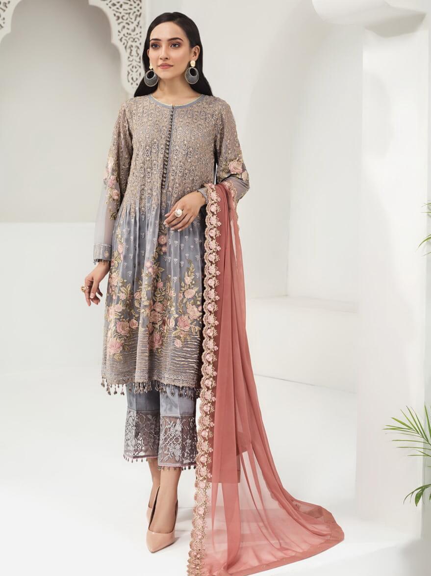 Alizeh Fashion Embroidered Chiffon 3Pc Suit D-08 Foxy Silver - FaisalFabrics.pk