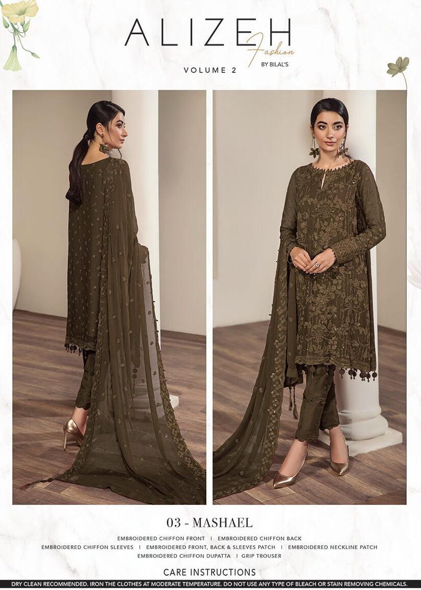 Alizeh Fashion Vol-02 Embroidered Chiffon 3Pc Suit D-03B Mashael - FaisalFabrics.pk