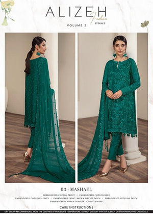 Alizeh Fashion Vol-02 Embroidered Chiffon 3Pc Suit D-03D Mashael - FaisalFabrics.pk