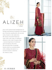 Alizeh Fashion Vol-03 Embroidered Organza 3Pc Suit D-01 Surkh - FaisalFabrics.pk
