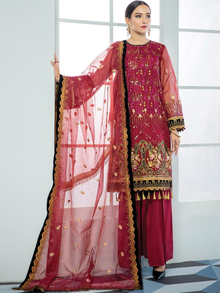 Alizeh Fashion Vol-03 Embroidered Organza 3Pc Suit D-01 Surkh - FaisalFabrics.pk