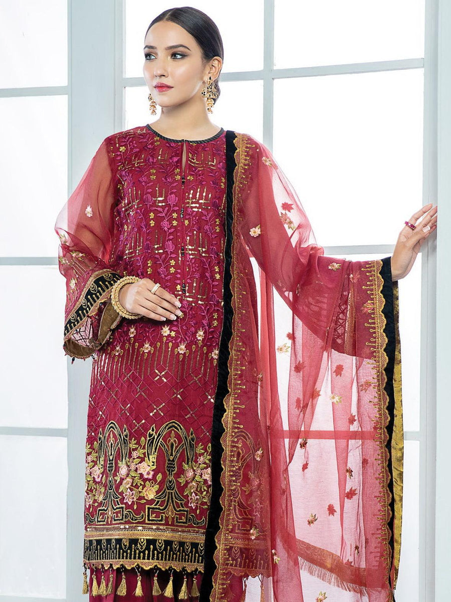 Alizeh Fashion Vol-03 Embroidered Organza 3Pc Suit D-01 Surkh - FaisalFabrics.pk