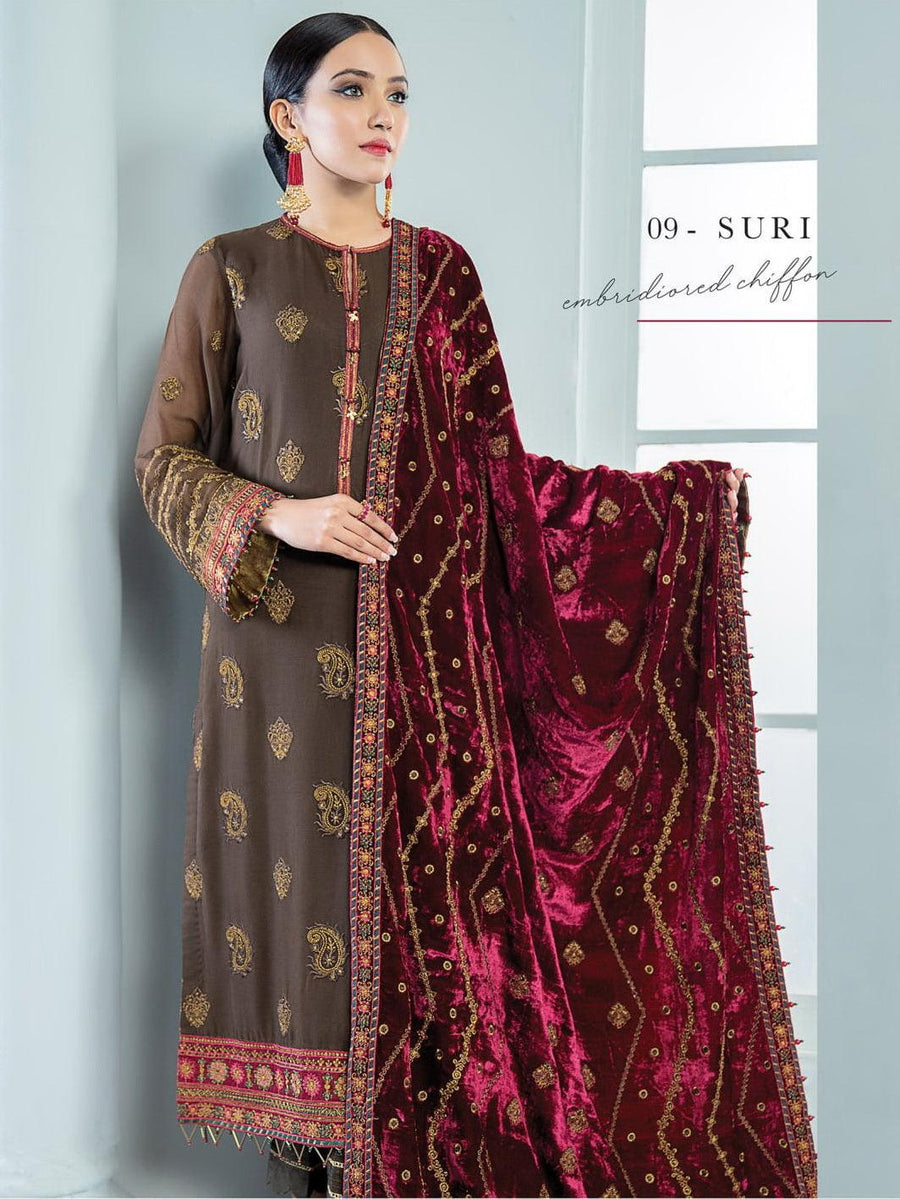 Alizeh Fashion Vol-03 Embroidered Chiffon 3Pc Suit D-09 Suri - FaisalFabrics.pk