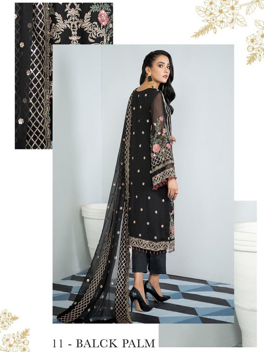 Alizeh Fashion Vol-03 Embroidered Chiffon 3Pc Suit D-11 Black Palm - FaisalFabrics.pk