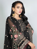 Alizeh Fashion Vol-03 Embroidered Chiffon 3Pc Suit D-11 Black Palm - FaisalFabrics.pk