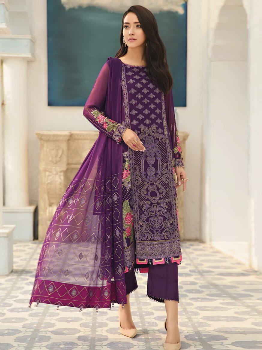 Alizeh Fashion Vol-04 Embroidered Chiffon 3Pc Suit D-05 Violet - FaisalFabrics.pk