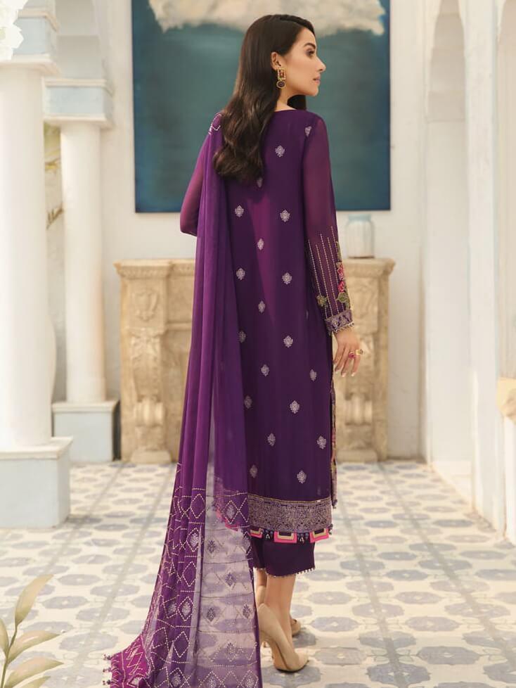 Alizeh Fashion Vol-04 Embroidered Chiffon 3Pc Suit D-05 Violet - FaisalFabrics.pk