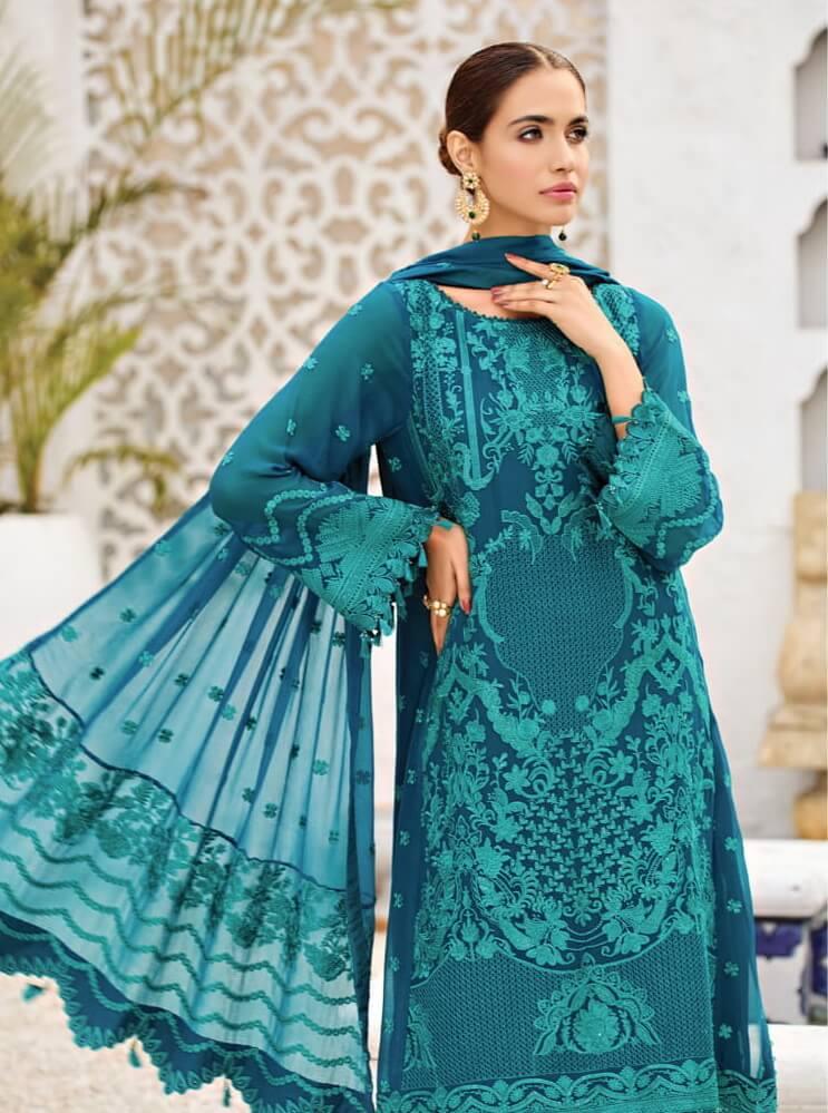 Alizeh Fashion Vol-04 Embroidered Chiffon 3Pc Suit D-10 Teal Ink - FaisalFabrics.pk