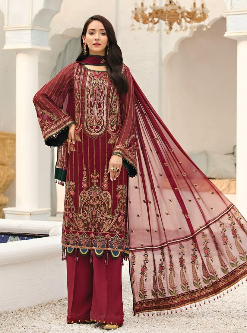 Alizeh Fashion Vol-04 Embroidered Chiffon 3Pc Suit D-11 Cherry Season - FaisalFabrics.pk