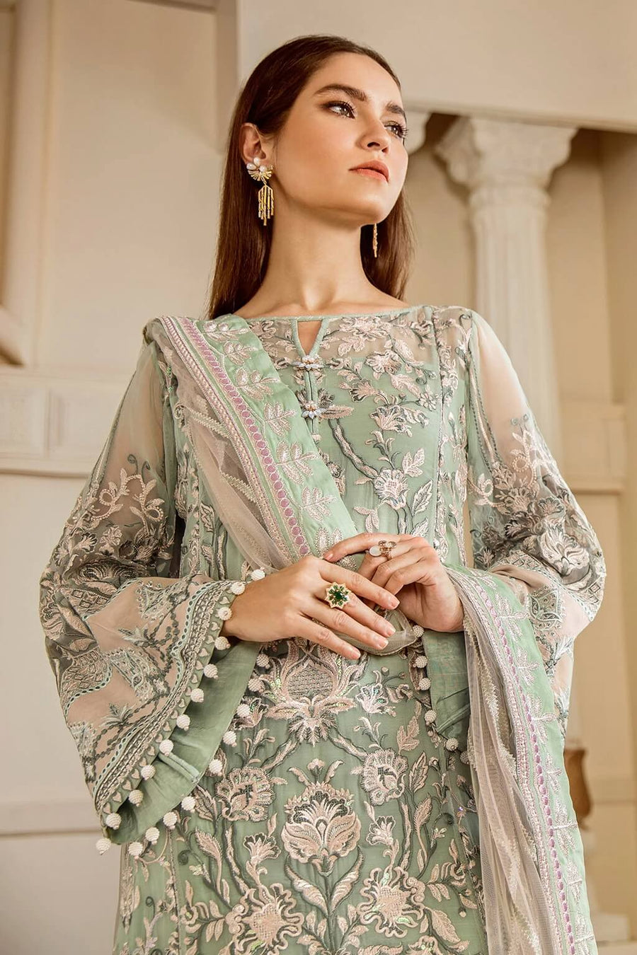 Baroque Chantelle Embroidered Chiffon 3 Piece Suit BQ19-05 Mint Tea - FaisalFabrics.pk