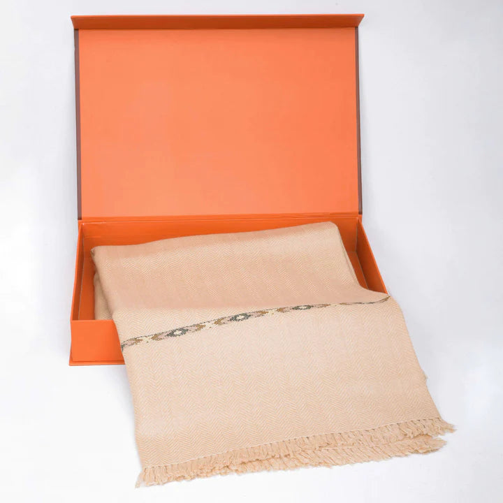 Dynasty Lux Herringbone Men's Blended Wool Shawl - Beige