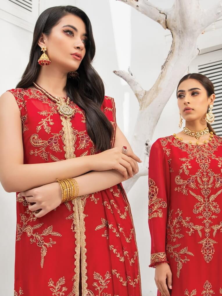 Blanche Fashion Umang Vol-01 Embroidered Chiffon 3pc Suit D-01 Garnet - FaisalFabrics.pk