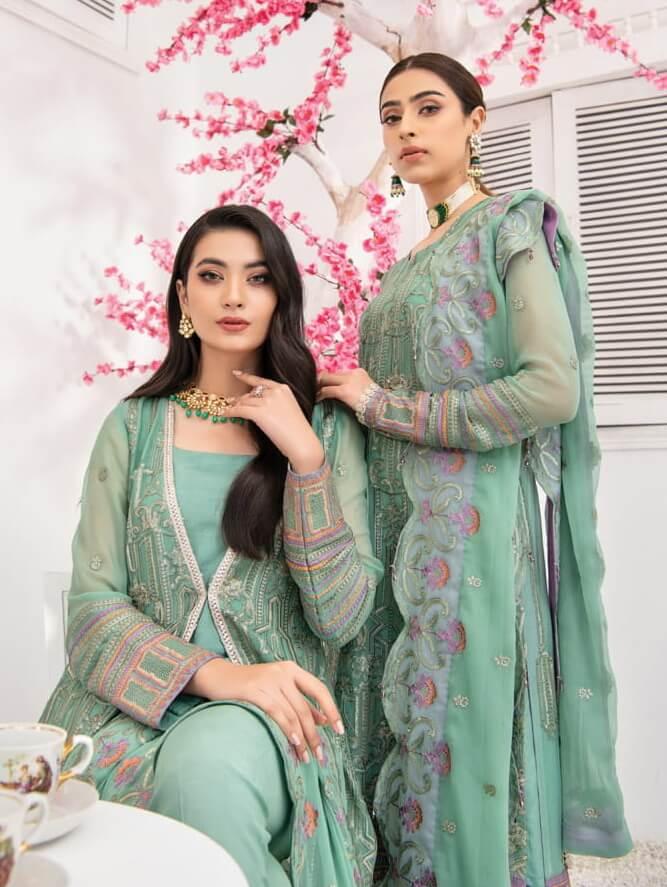 Blanche Fashion Umang Vol-01 Embroidered Chiffon 3pc Suit D-02 Ivy - FaisalFabrics.pk