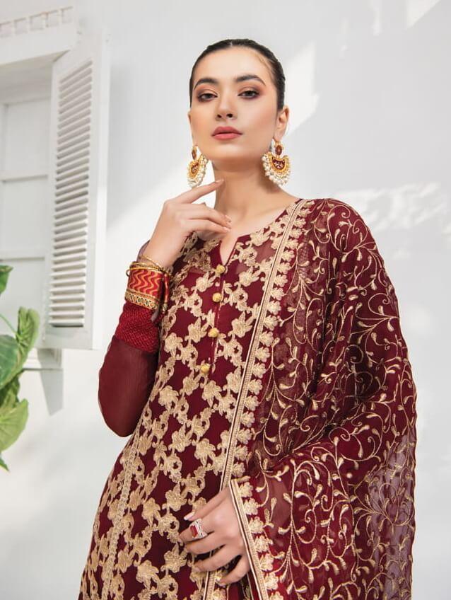 Blanche Fashion Umang Vol-01 Embroidered Chiffon 3pc Suit D-03 Rouge - FaisalFabrics.pk