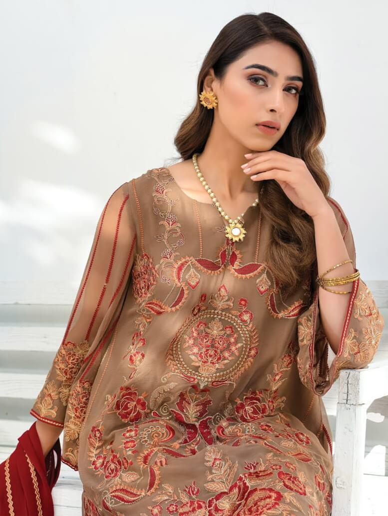 Blanche Fashion Umang Vol-01 Embroidered Chiffon 3pc Suit D-06 Lotus - FaisalFabrics.pk