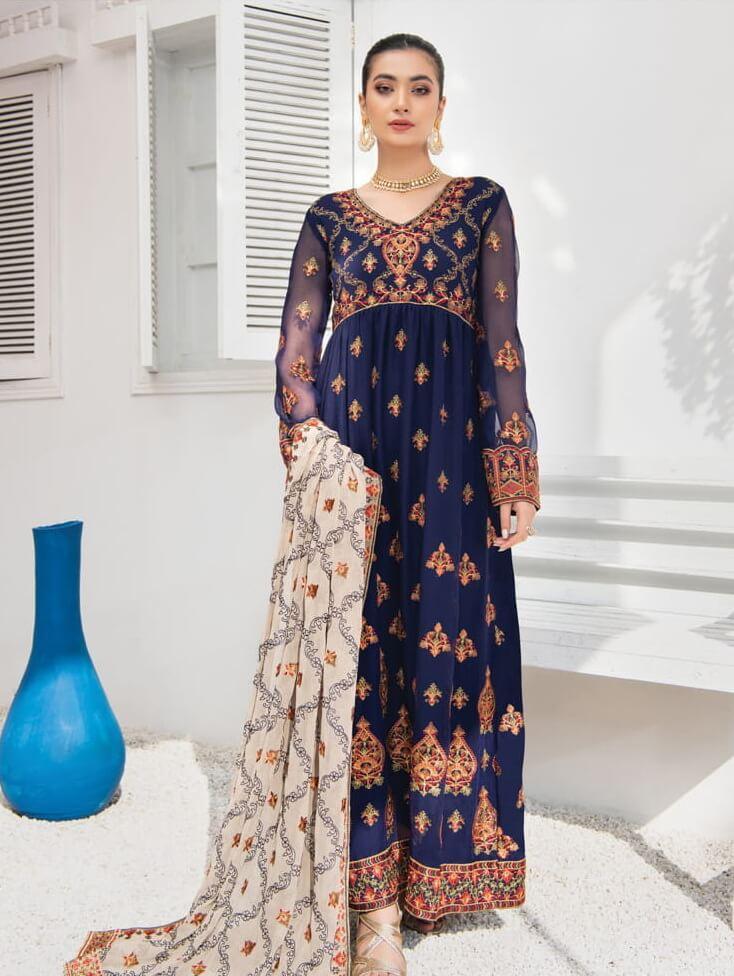 Blanche Fashion Umang Vol-01 Embroidered Chiffon 3pc Suit D-07 Zaina - FaisalFabrics.pk