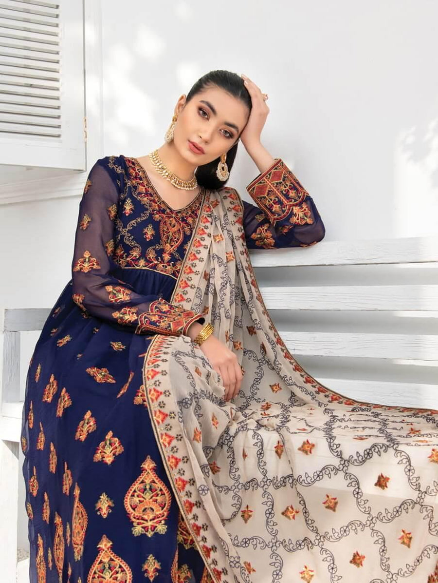 Blanche Fashion Umang Vol-01 Embroidered Chiffon 3pc Suit D-07 Zaina - FaisalFabrics.pk