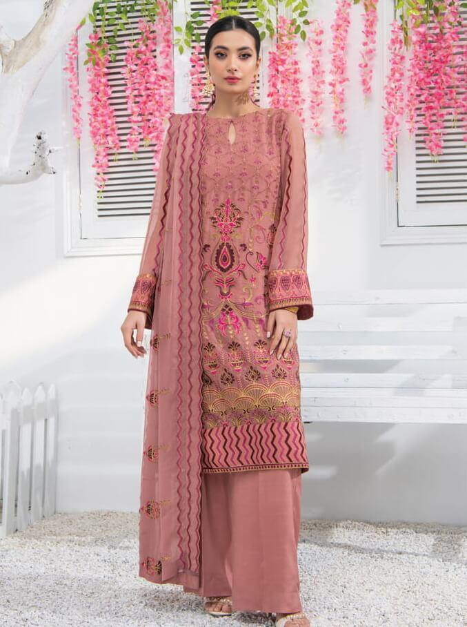 Blanche Fashion Umang Vol-01 Embroidered Chiffon 3pc Suit D-08 Rosa - FaisalFabrics.pk