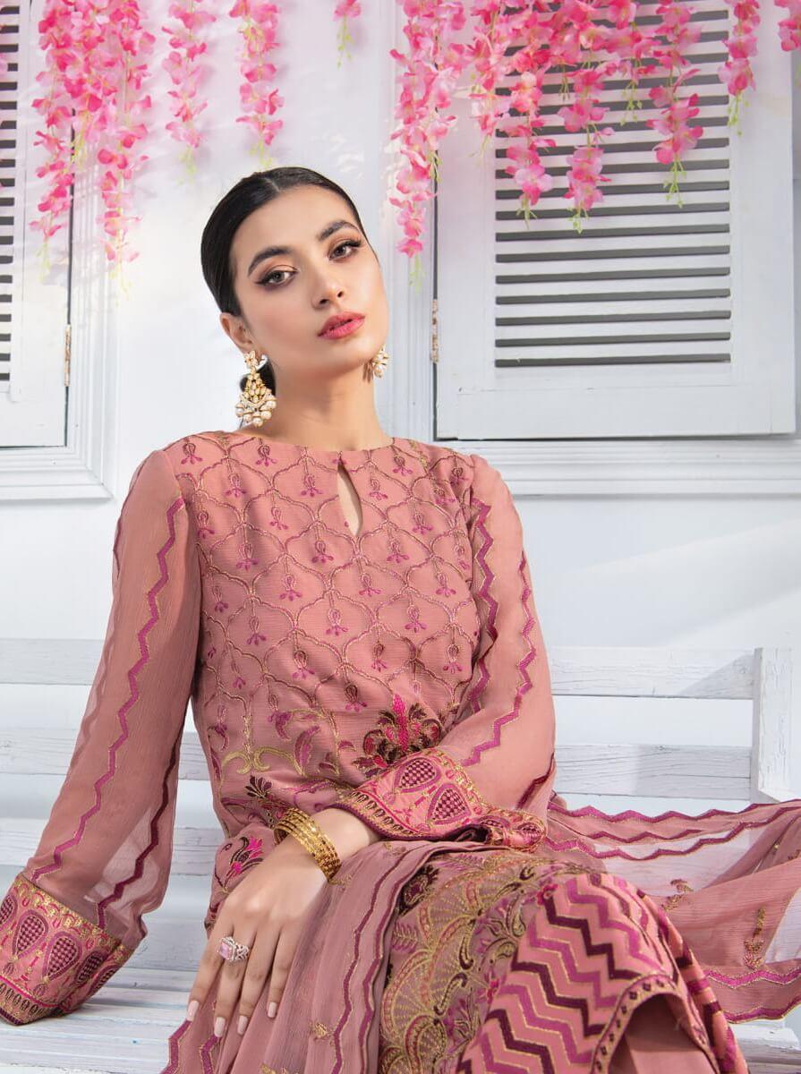 Blanche Fashion Umang Vol-01 Embroidered Chiffon 3pc Suit D-08 Rosa - FaisalFabrics.pk