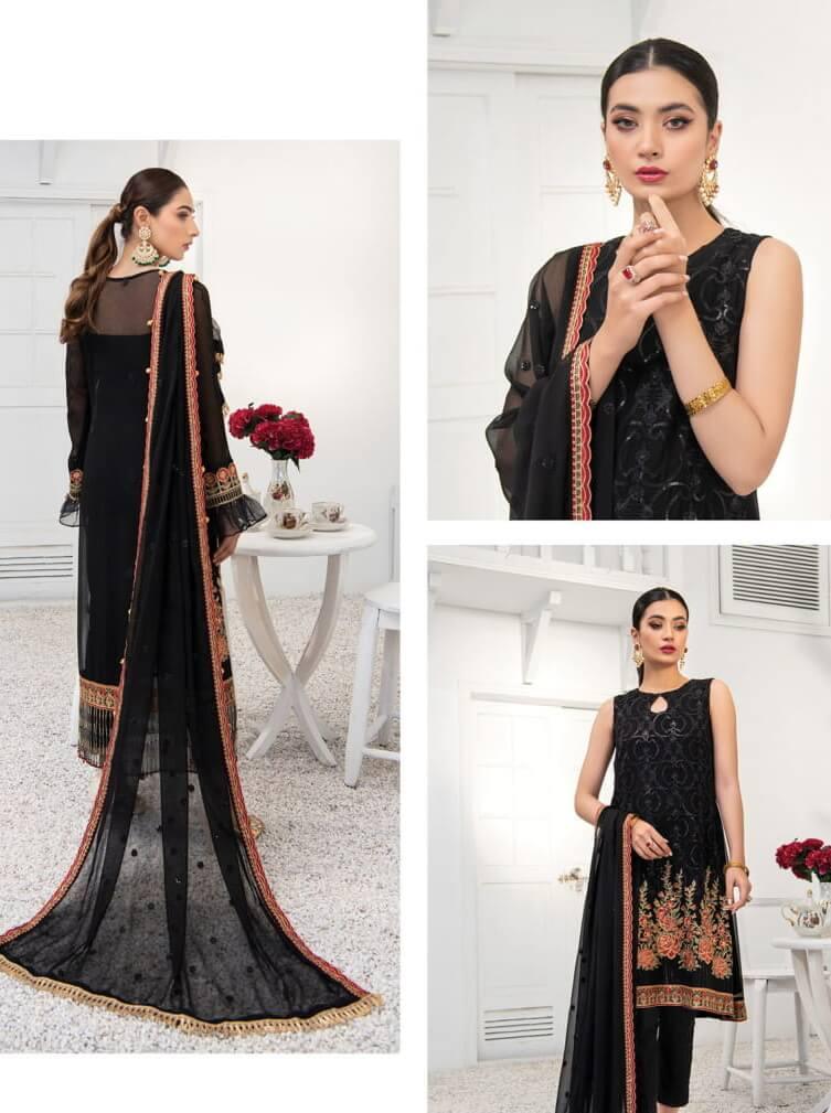 Blanche Fashion Umang Vol-01 Embroidered Chiffon 3pc Suit D-09 Onyx - FaisalFabrics.pk