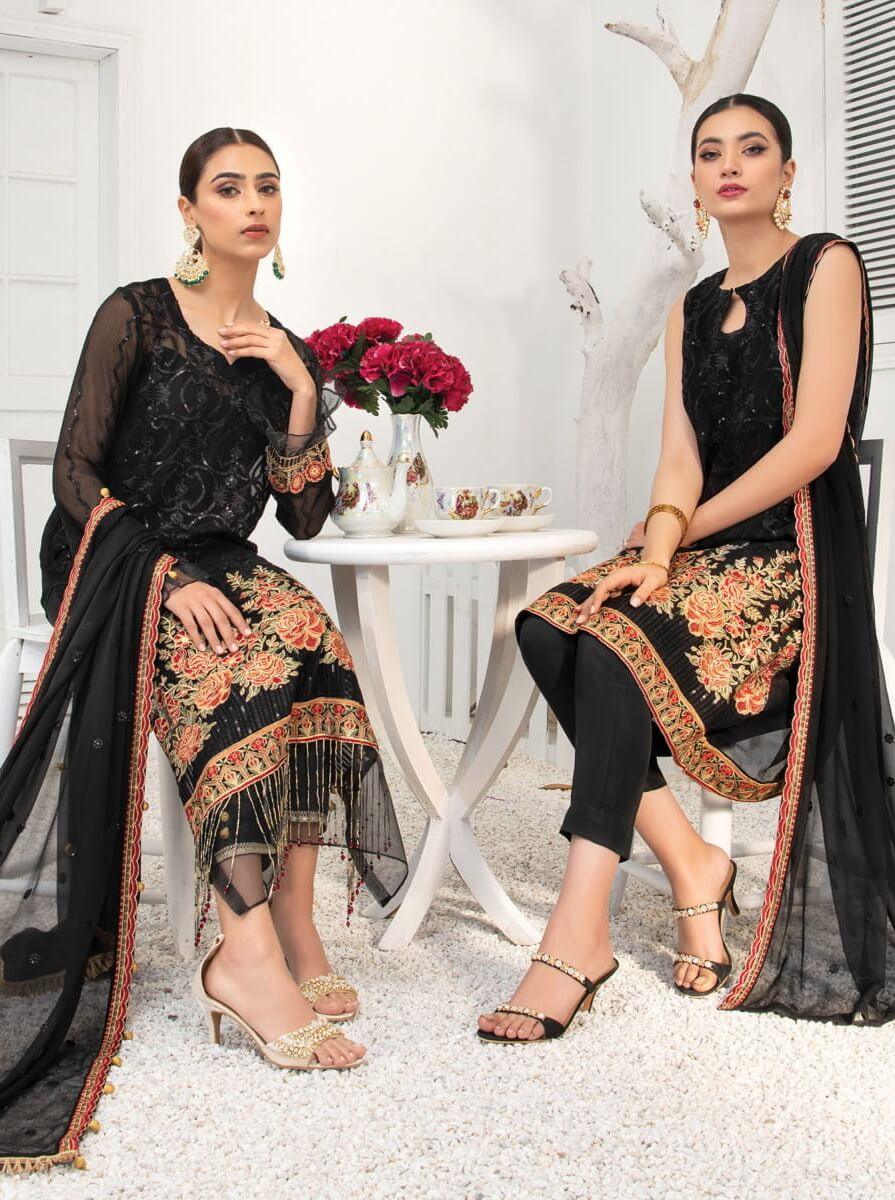 Blanche Fashion Umang Vol-01 Embroidered Chiffon 3pc Suit D-09 Onyx - FaisalFabrics.pk