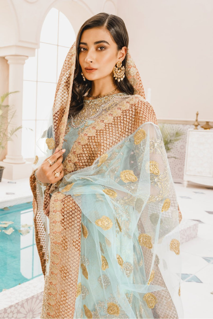 MASHQ Premium Embroidery Wedding Collection 3pc Suit Blue Age MX-02 - FaisalFabrics.pk